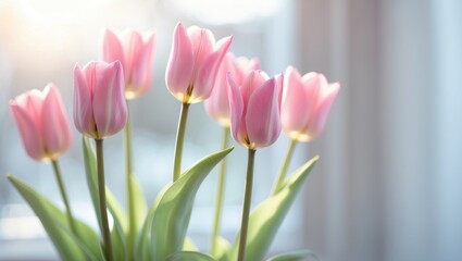 Fototapeta premium Pink tulips indoors near window, fresh flowers with green leaves. Bright natural light. Spring floral decor, nature, and beauty.