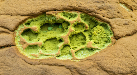 Honeycomb Weathered Rock with Greenish-Yellow Deposit Inside, Rocky Geology with Green Mineral Accumulation in Cavity