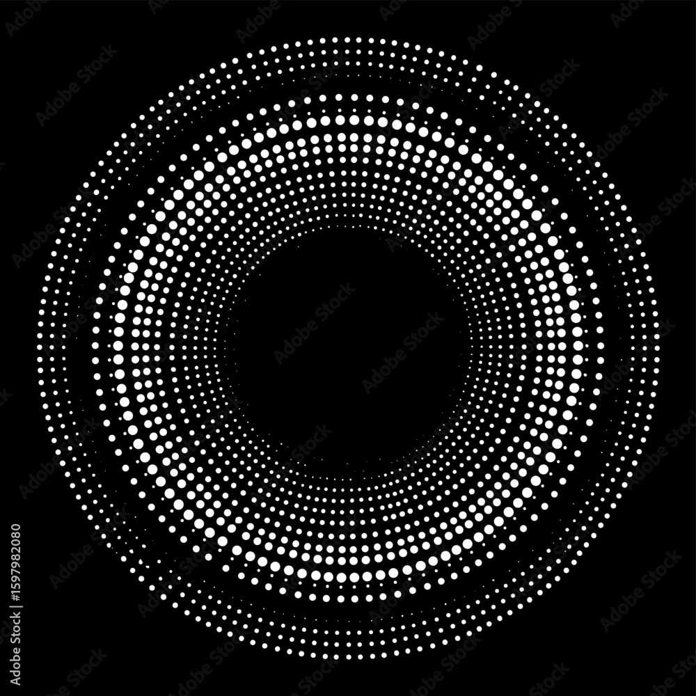 Poster abstract circular pattern with white dots on black background