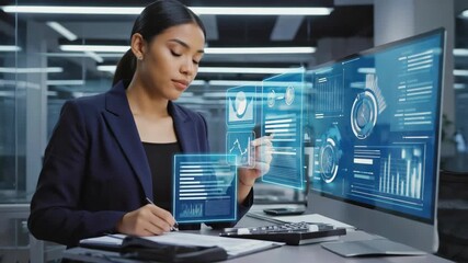 Project manager analyzing holographic augmented reality interactive data graphs using futuristic digital transparent screen and taking notes in office - Powered by Adobe