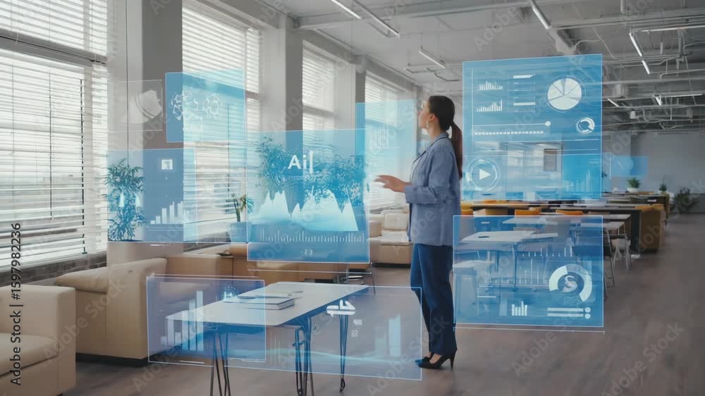 Poster businesswoman interacting with a futuristic augmented reality interface, showcasing data visualizati