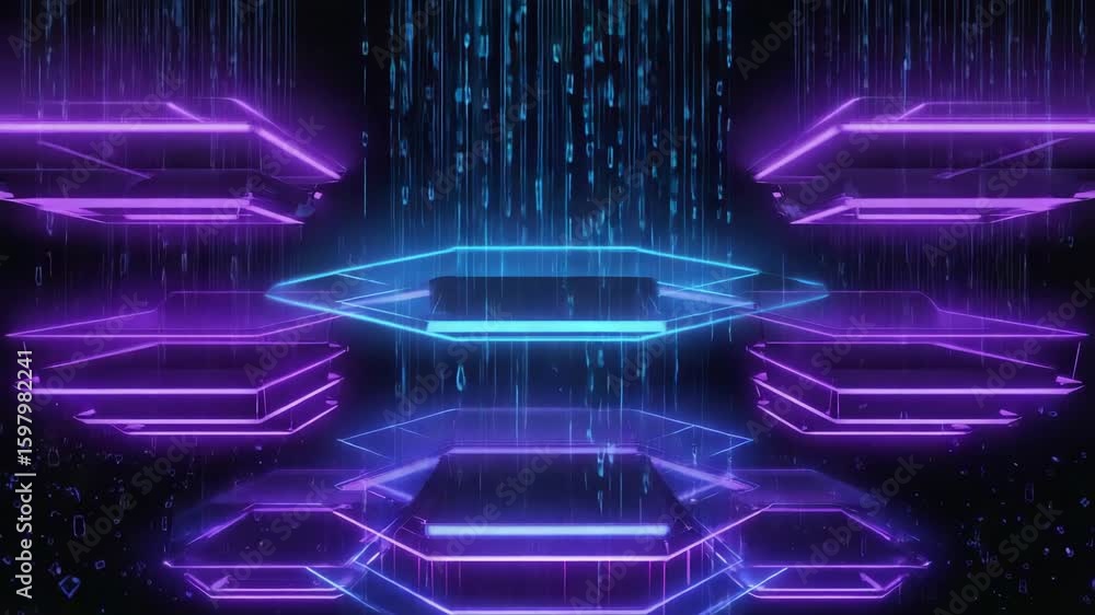 Poster glowing neon podiums absorbing a continuous stream of digital data, surrounded by cascading binary c