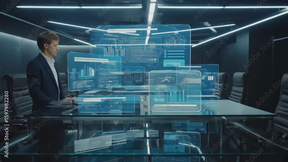 Poster businessman is using a futuristic computer interface with holographic augmented reality data analysi