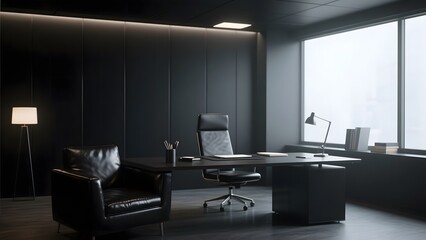 Modern Executive Office with Black Leather Furniture and Large Window