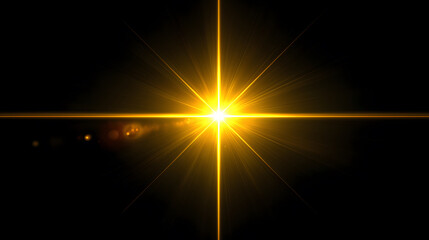 Bright golden lens optical flare light starburst on black background – cosmic glow and energy flash effect