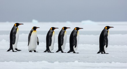 Obraz premium Penguin colony walking on antarctic ice landscape wildlife