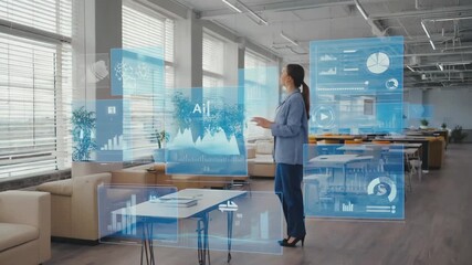 Businesswoman interacting with a futuristic augmented reality interface, showcasing data visualizations and project management tools powered by artificial intelligence in a modern office - Powered by Adobe