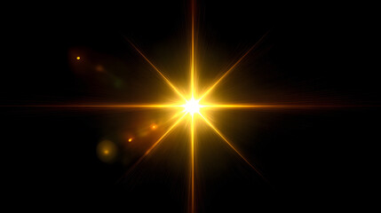 Bright golden lens optical flare light starburst on black background – cosmic glow and energy flash effect