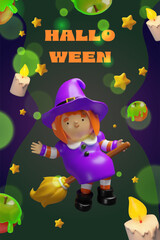 A charming 3D Halloween poster featuring a flying witch on a broomstick under a starry sky. Surrounded by glowing candles, candy apples, and magical sparkles, the festive spirit of Halloween night.