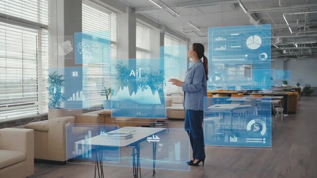 Businesswoman interacting with a futuristic augmented reality interface, showcasing data visualizations and project management tools powered by artificial intelligence in a modern office - Powered by Adobe
