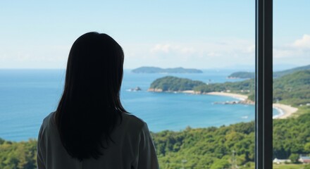 Person admiring ocean view from window coastal relaxation and travel destination