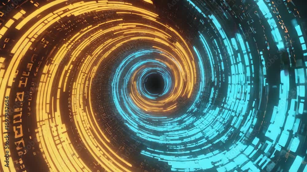 Poster Orange and blue digital vortex is spinning fast with data flowing, creating an abstract technological background with a sense of speed and complexity