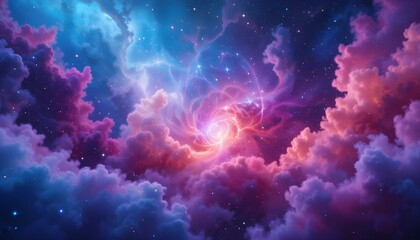 Fototapeta premium A vibrant nebula with swirling clouds of pink purple and blue hues in a starry night sky view