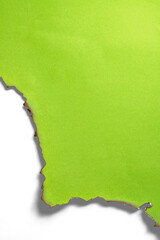 Green paper ripped message torn with burnt edges isolated on a white background. Copy space