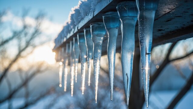 Icicles hanging from edge in winter with snow and blurred background