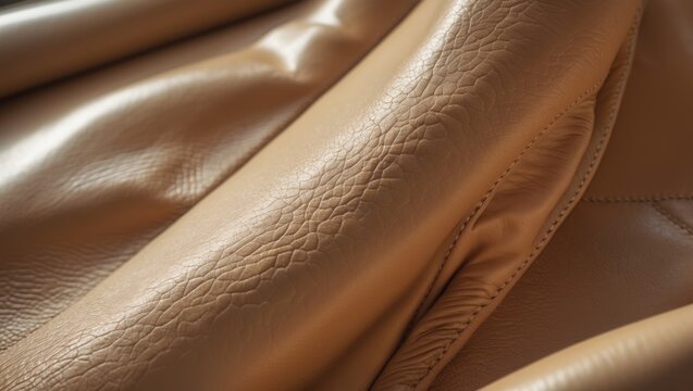 Close-up of leather material with textured surface and stitching details.