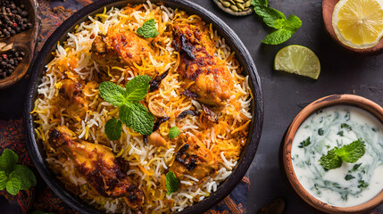 Top view of delicious North Indian food Hydrabadi chicken biryani Dum Biriyani Chicken pulao seasoned with mint leaves basmati rice herbs raitha for Ramadan Kareem Eid Ul Adha Kerala special rice