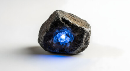 Stone with Glowing Blue Interior on White Background, Mysterious Rock Formation with Internal Light Source