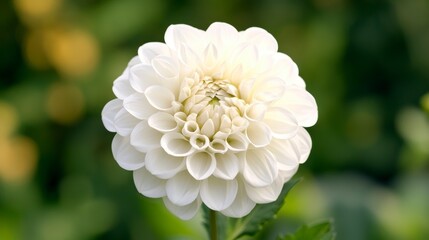 Close-up of a single, pure white dahlia flower with tightly packed petals against a blurred green background.