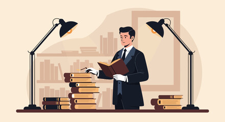 Well Dressed Archivist Reads A Book Surrounded By Stacks Of Books