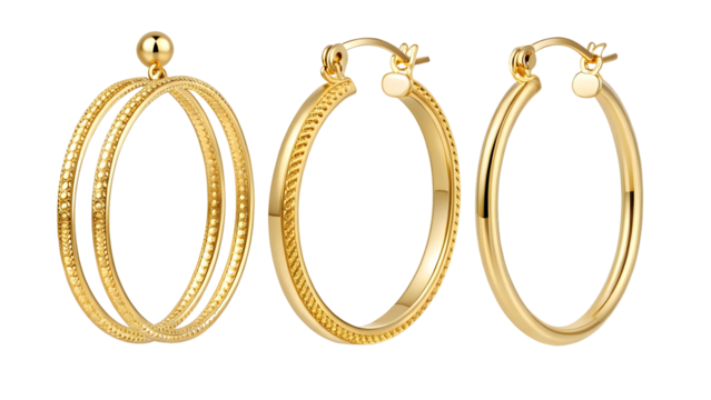 Three pairs of gold hoop earrings with intricate detailing and smooth finishes displayed against a black background