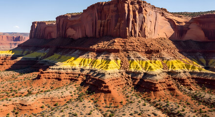 Monument Valley's Majestic Mesa with Striking Yellow and Red Layers, A Panoramic View of Monument Valley's Layered Rock Formations