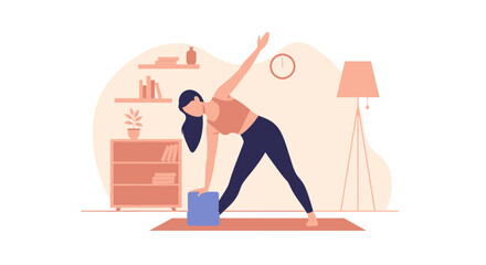 Woman Practicing Triangle Pose At Home With Yoga Block For Balance