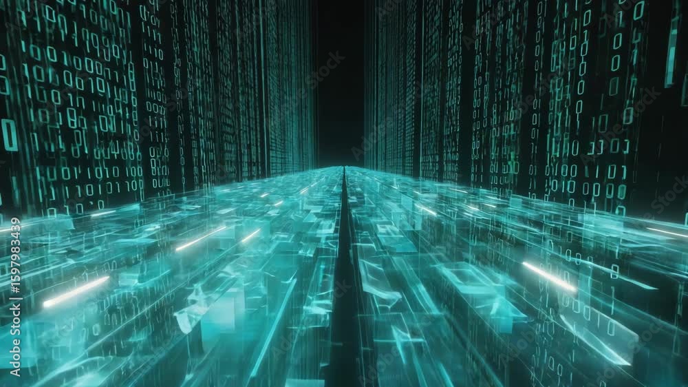 Poster glowing binary code streams along a futuristic digital highway, symbolizing the rapid flow of inform