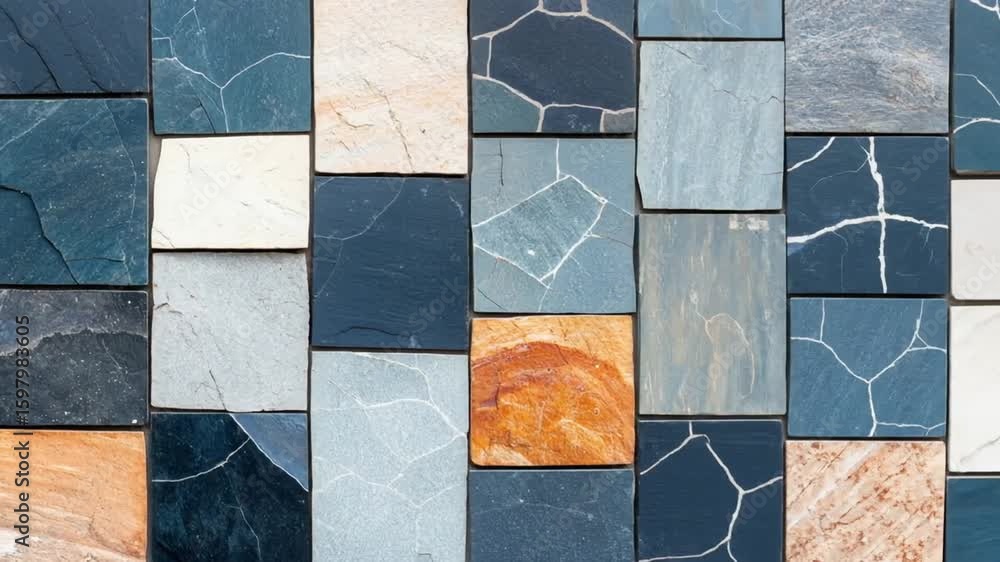Poster a close-up view of a textured surface composed of various stone tiles arranged in a mosaic-like patt