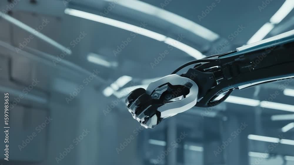 Poster advanced robotic arm extending its intricate hand in a modern high-tech laboratory, highlighting inn