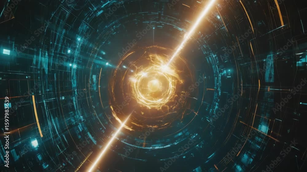 Poster golden light is quickly traveling through futuristic digital tunnel surrounded by glowing rings and 