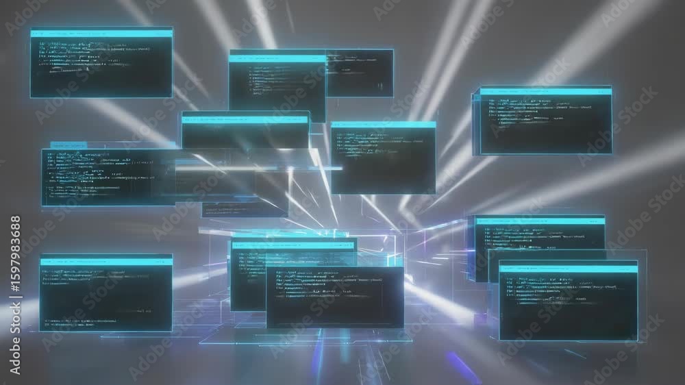 Poster multiple programming windows floating and moving through cyberspace, illustrating a futuristic techn