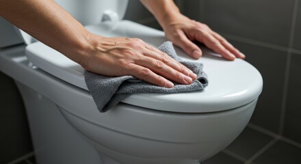 Hand wiping toilet cover with dry rag