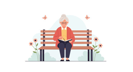 Senior Woman Writes In Her Journal On A Park Bench With Butterflies