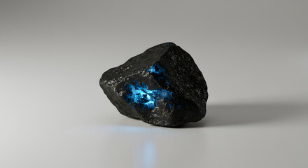 Mysterious Glowing Rock with Inner Blue Light, Dark Mineral Specimen on Display