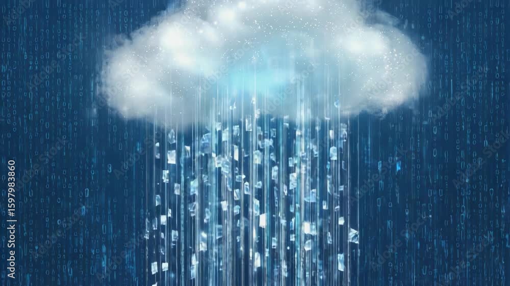Poster digital data cascading from a cloud against a backdrop of binary code, illustrating concepts of clou