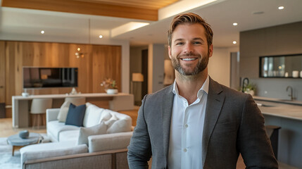 Real estate agent portrait in luxury home interior design for property sales and marketing campaign use