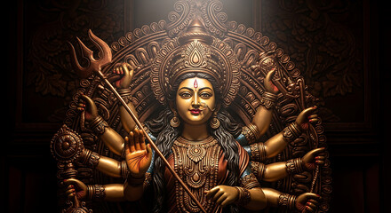Obraz premium Golden Goddess with Multiple Arms Holding Trident Adorned in Jewelry