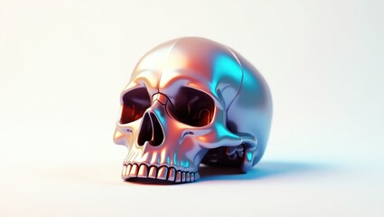 A metallic skull illuminated by vibrant, contrasting colors.