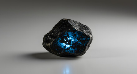 Glowing Gemstone Specimen on Neutral Background, Raw Crystal Formation with Internal Blue Light