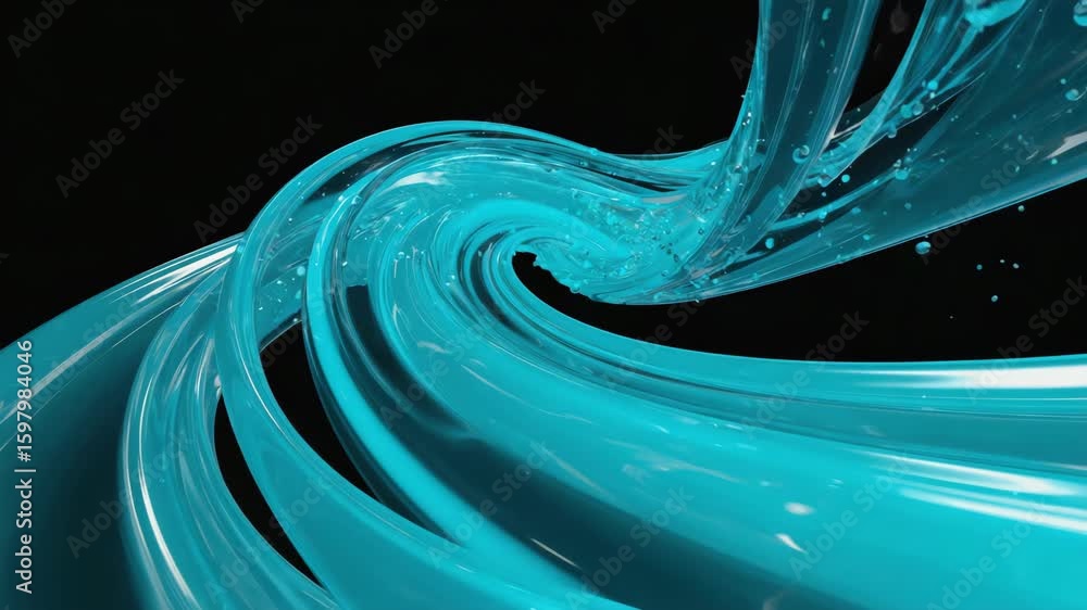 Poster turquoise liquid swirling, flowing, and creating dynamic shapes on a black background, forming an ab