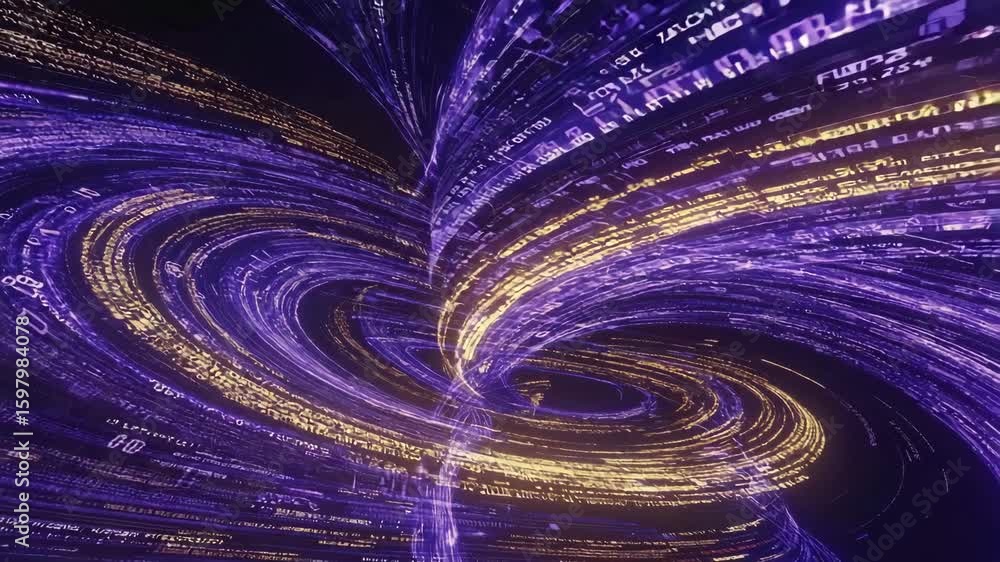 Poster complex data streams are flowing and swirling in cyberspace, creating a vortex of information with a