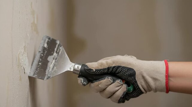 A worker's hand in a protective glove uses a putty knife to scrape old paint or plaster off a wall. Home renovation and DIY repair concept.