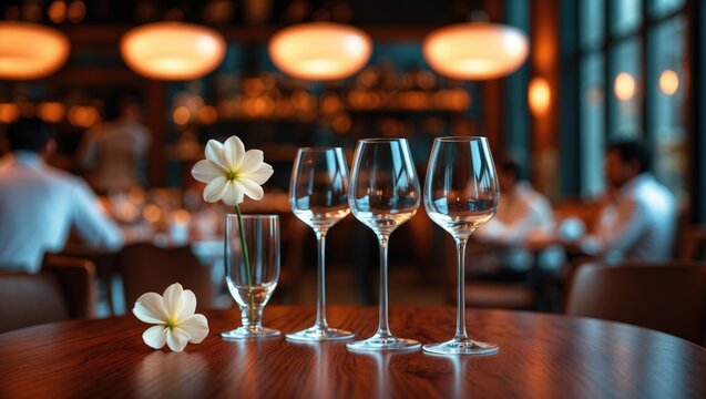 Empty wine glasses and a flower in a restaurant setting. Fine dining, elegant atmosphere, hospitality, and decoration. The concept of sophistication and service.