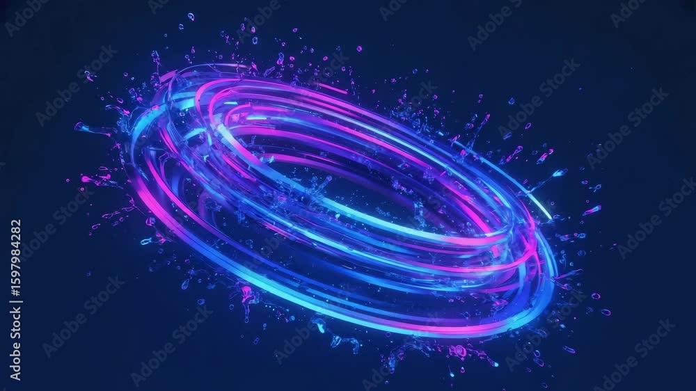 Poster multiple glowing neon circles are rotating and splashing small drops of liquid in a dark blue enviro