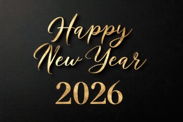 Golden happy new year 2026 text on elegant black background with shiny metallic effect and modern festive typography