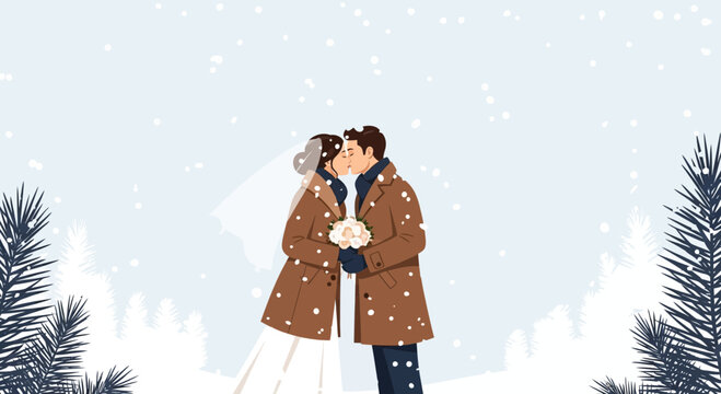 Winter Wedding Bliss Couple Kissing Amidst Snowfall In Forest Landscape