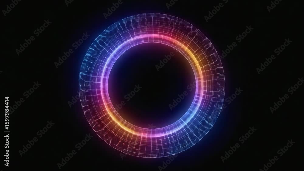Poster futuristic glowing neon circle rotating on a black background, creating a mesmerizing visual effect 