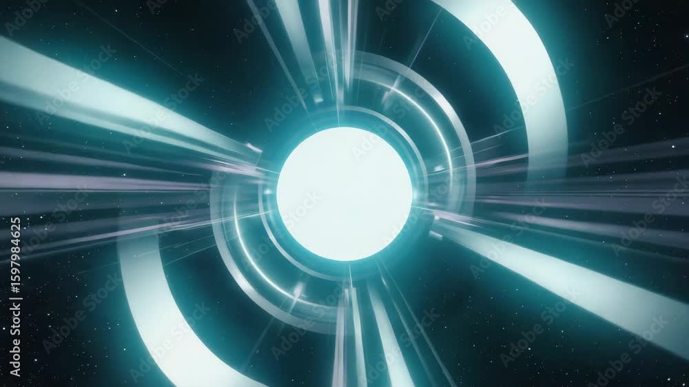 Poster glowing futuristic circular portal opening in the middle of dark space with bright light rays and tr