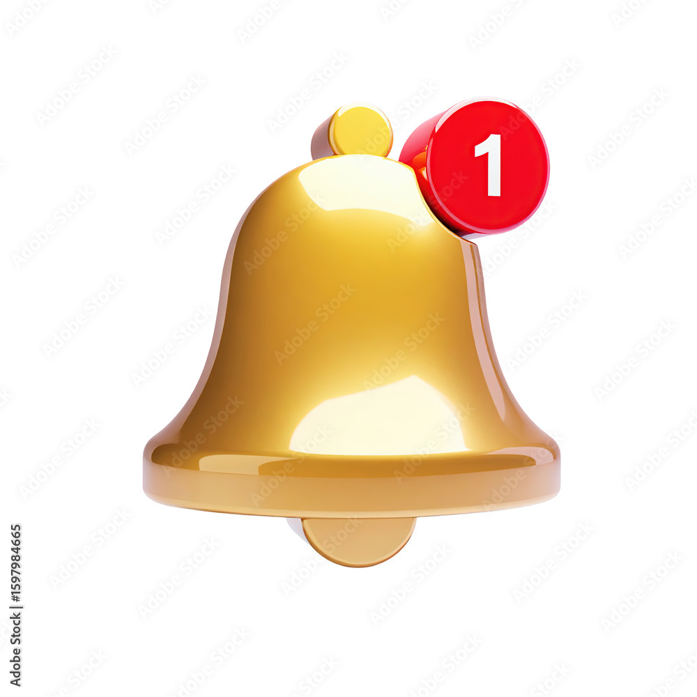 Poster golden notification bell with red badge showing one new alert isolated on transparent background